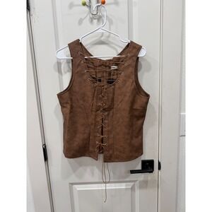 Kollyy Brown Faux Leather Lace Up Front Vest Sleeveless Top XL 1652303#